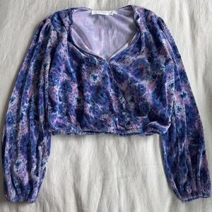 Astr Blue and White Ruched Crop Blouse